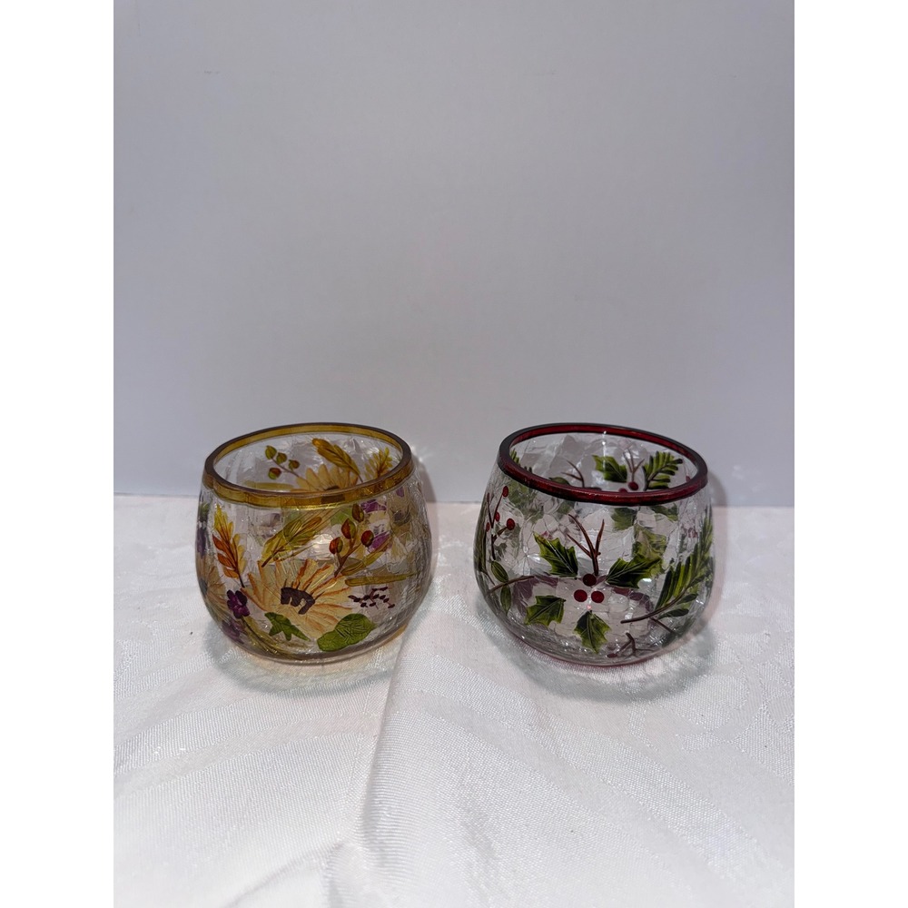 Set of 2 Hand Painted Crackle Glass Votive Candle Holders Sunflower Holly Berry